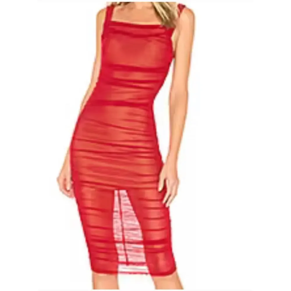 Majorelle Red Off Shoulder Ruched Bodycon Midi Dress S